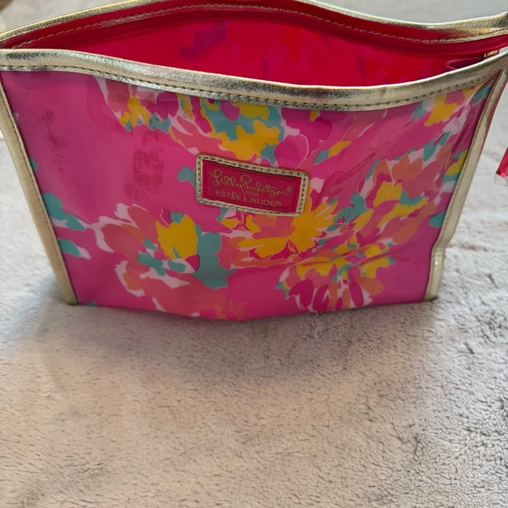 Lilly Pulitzer for Estée Lauder Floral Cosmetic Bag Pink Gold Trim Makeup‎